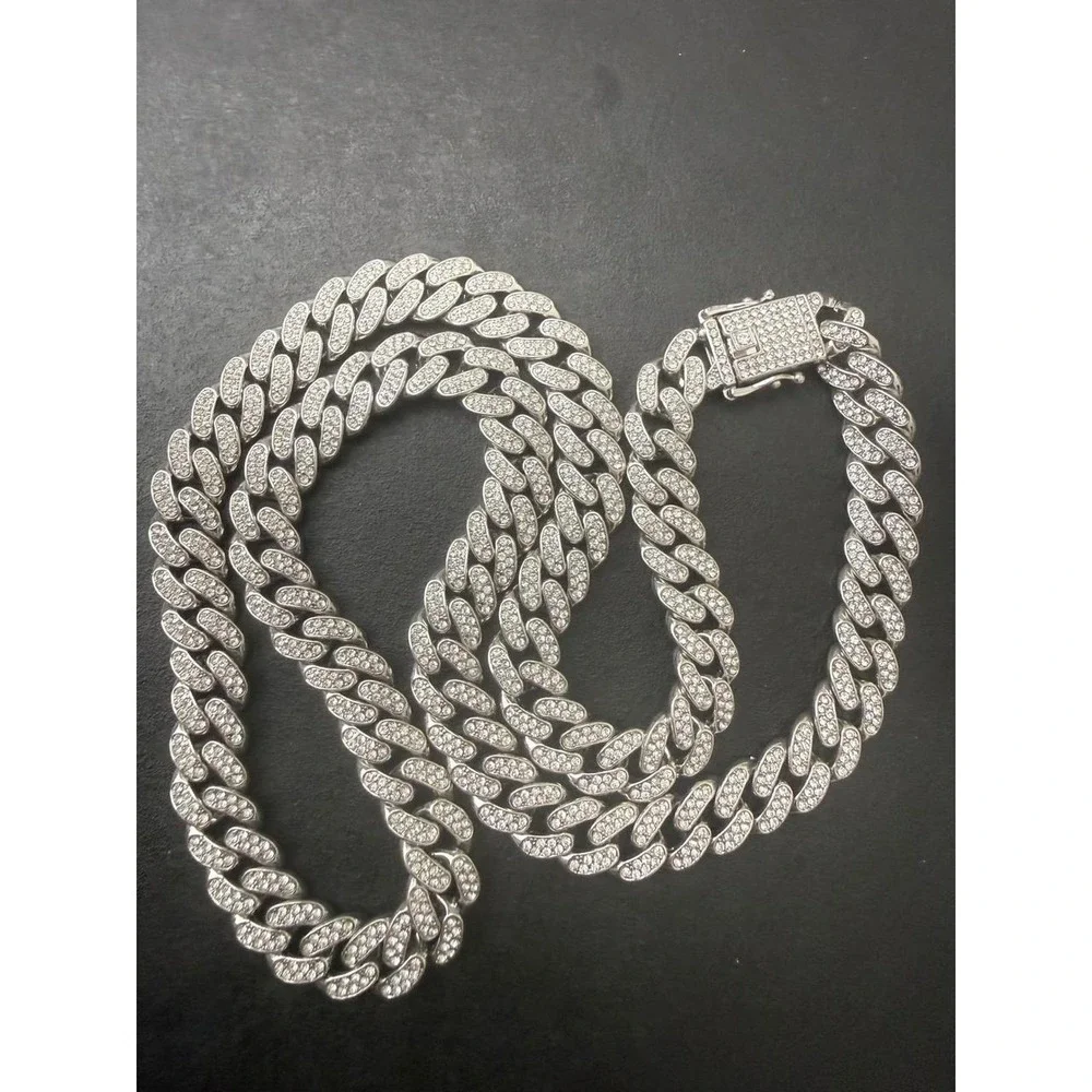 Iced Out Cuban Link Necklace Rhinestone Silver Tone Heavy Curb Chain Design